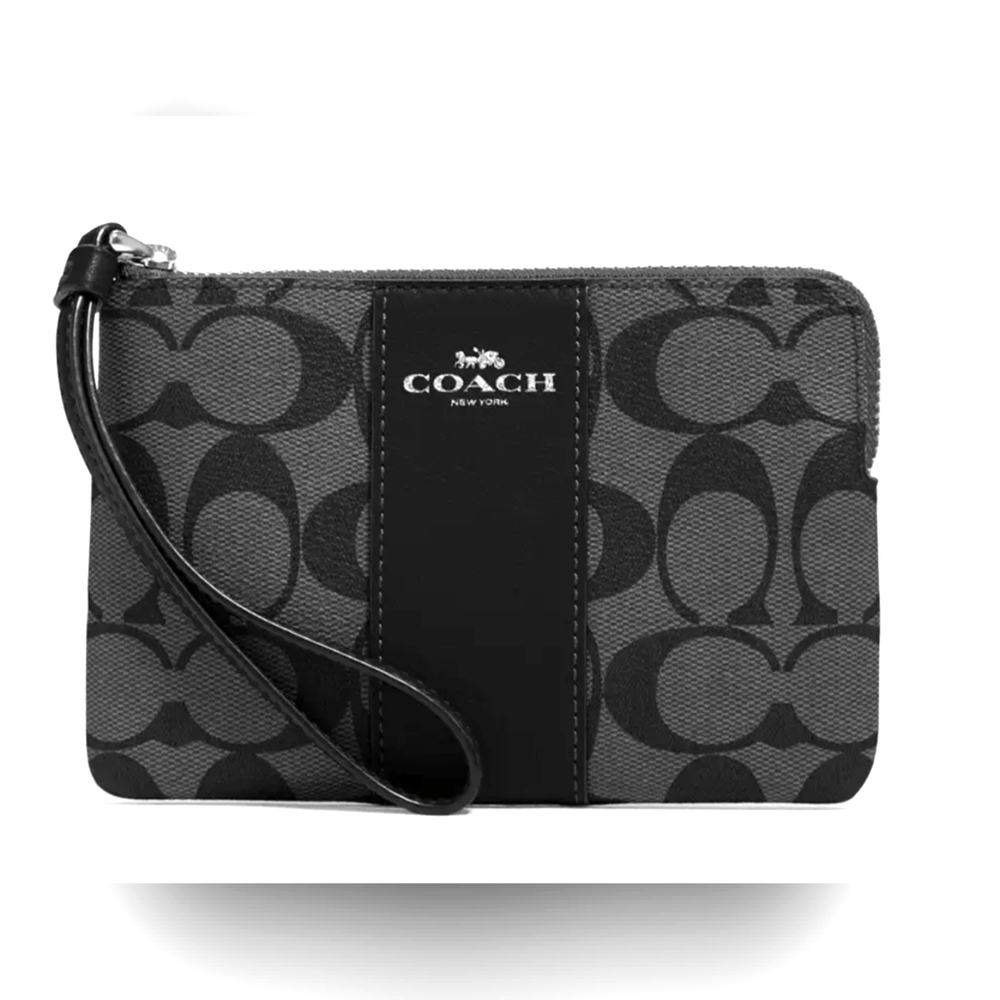 🆕COACH Corner Zip Signature Wristlet Black/Graphite/Silver